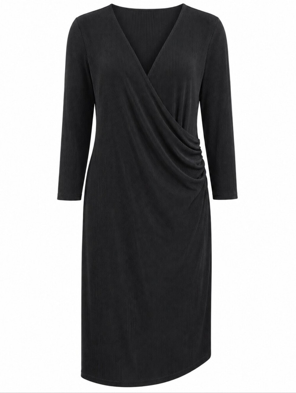 CHICO'S TRAVELERS | Black Faux Wrap V-Neck Ribbed Long Sleeve Travel Dress |‎ 16